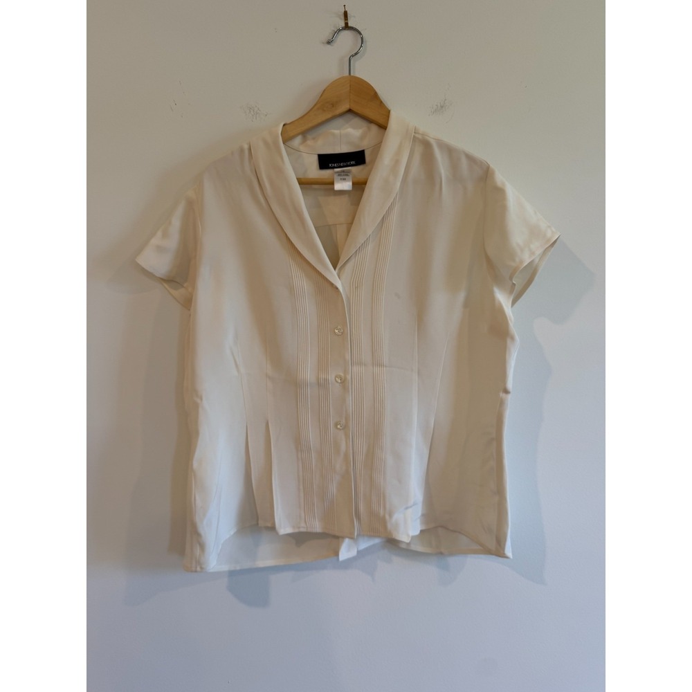 Jones New York 100% Silk Pintuck Blouse Shirt Womens 16 Cream Ivory Short Sleeve
